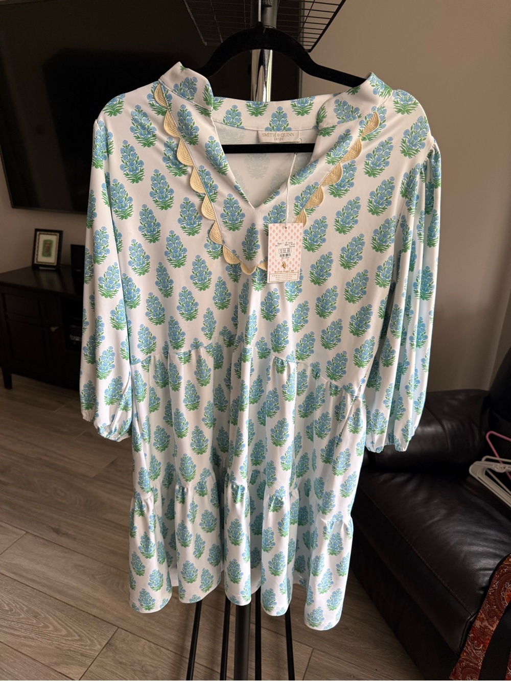 Long Sleeve Floral-Print Tiered Dress in White and Blue-Green